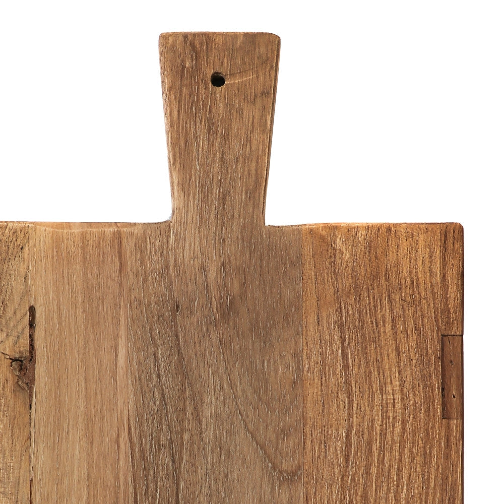 A rustic wooden cutting board with a handle and a pre-drilled hole, shown against a solid white background.