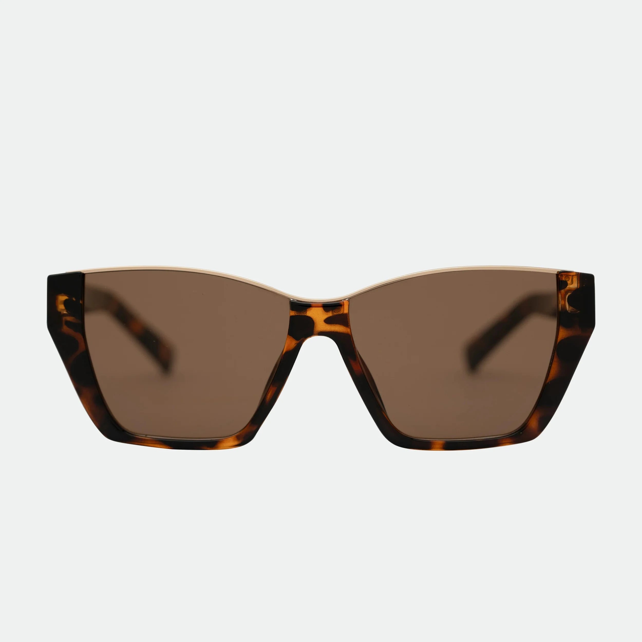Sunglasses with tortoiseshell frame and brown lenses on a light gray background