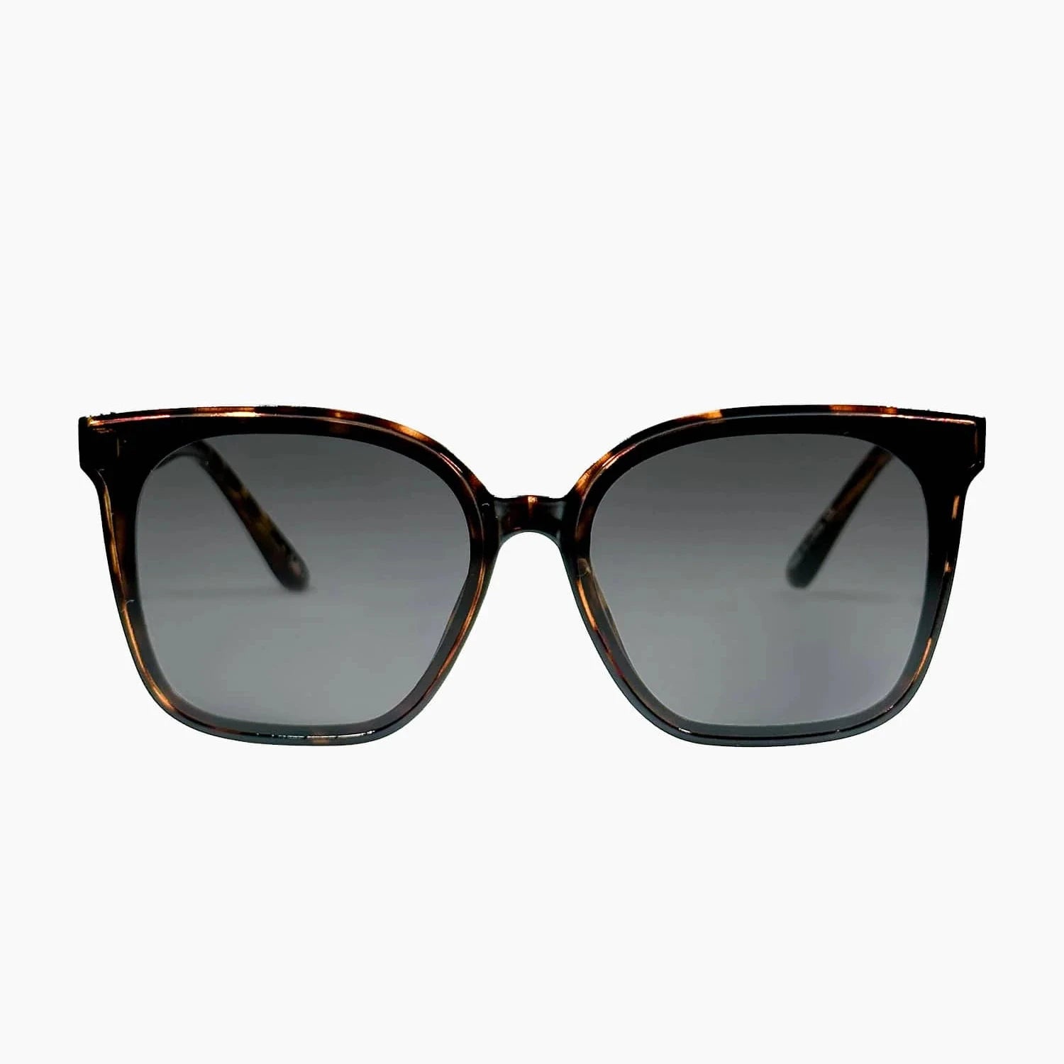 Sunglasses with tortoiseshell frame and dark lenses on a white background