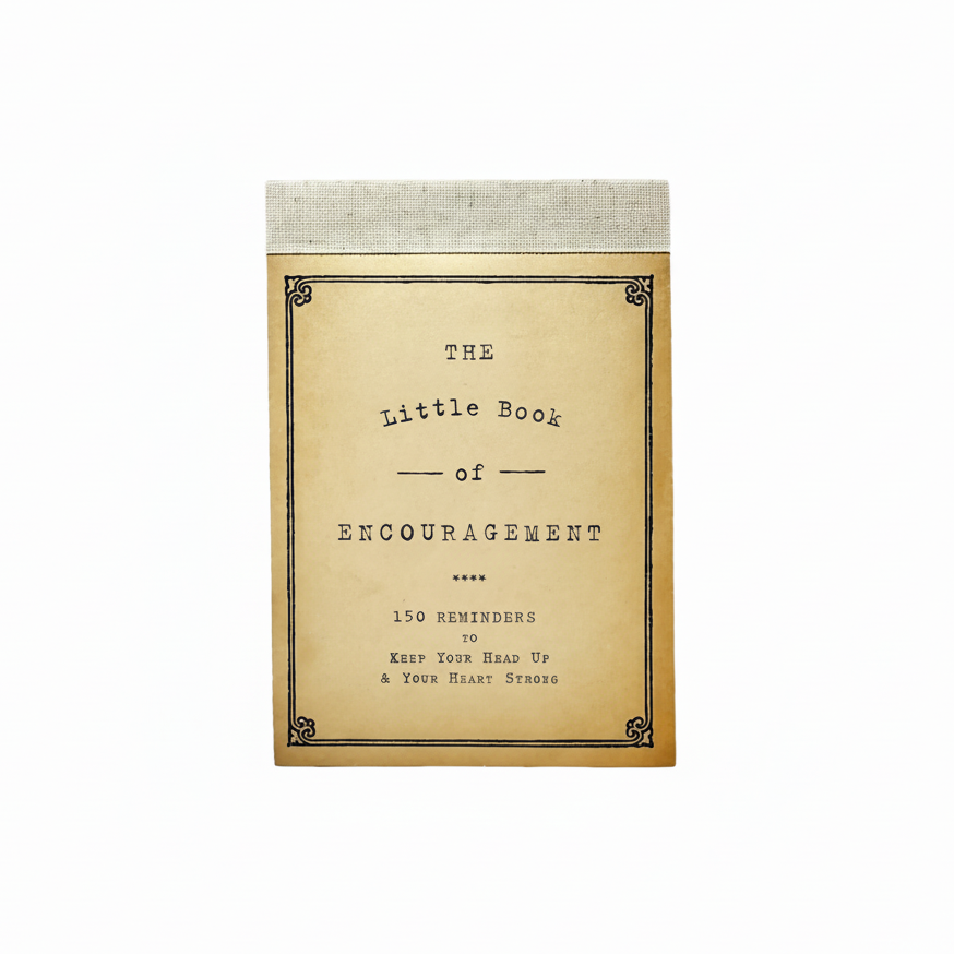 Book of Encouragement with kraft paper cover and black text on a white background