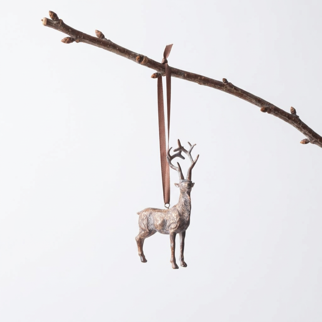 A metallic deer ornament with antlers hanging from a rustic branch against a plain white background.