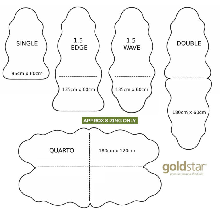 A size and shape reference chart for Gold Star New Zealand sheepskin rugs showing outlines and dimensions