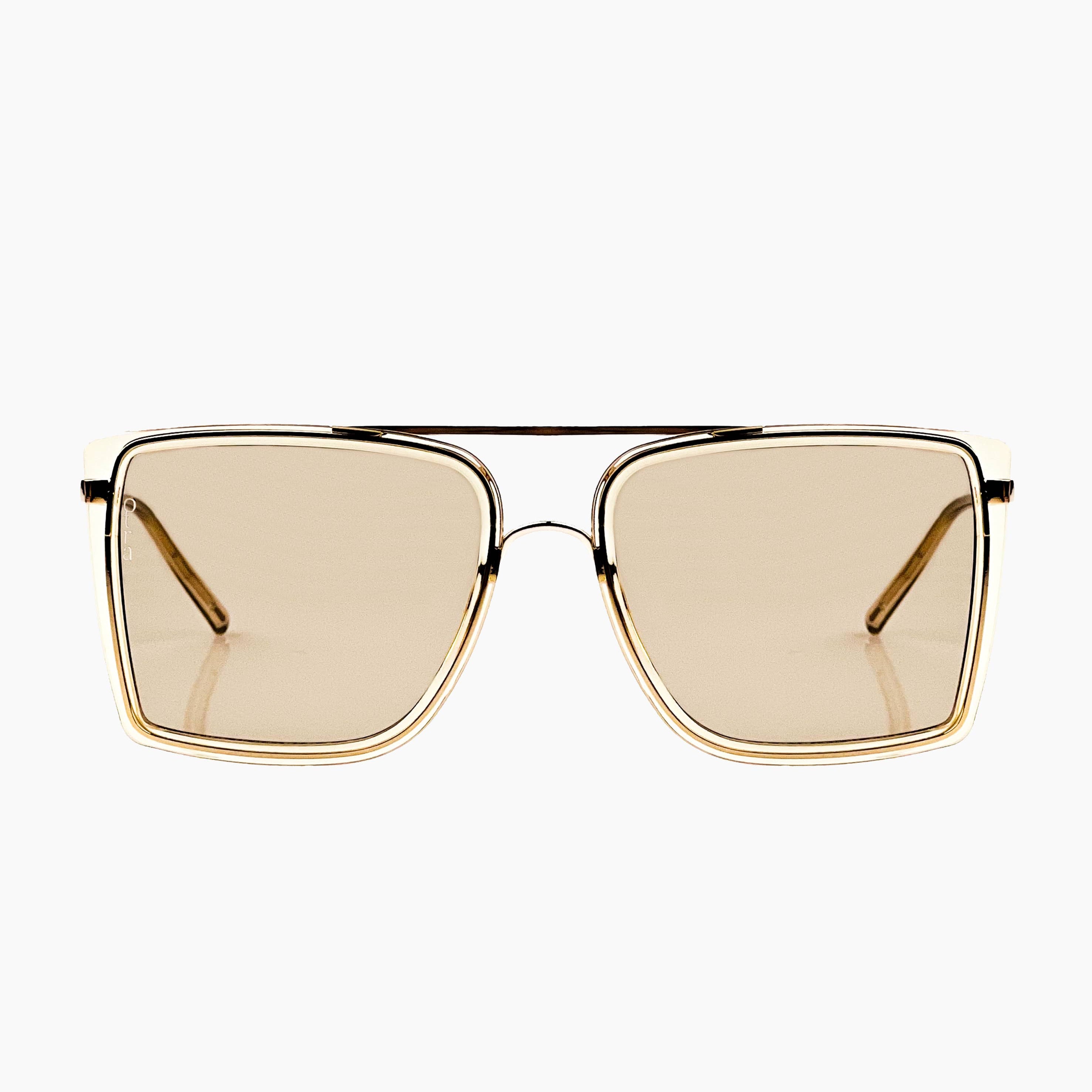 Gold-framed sunglasses with beige lenses on a white background