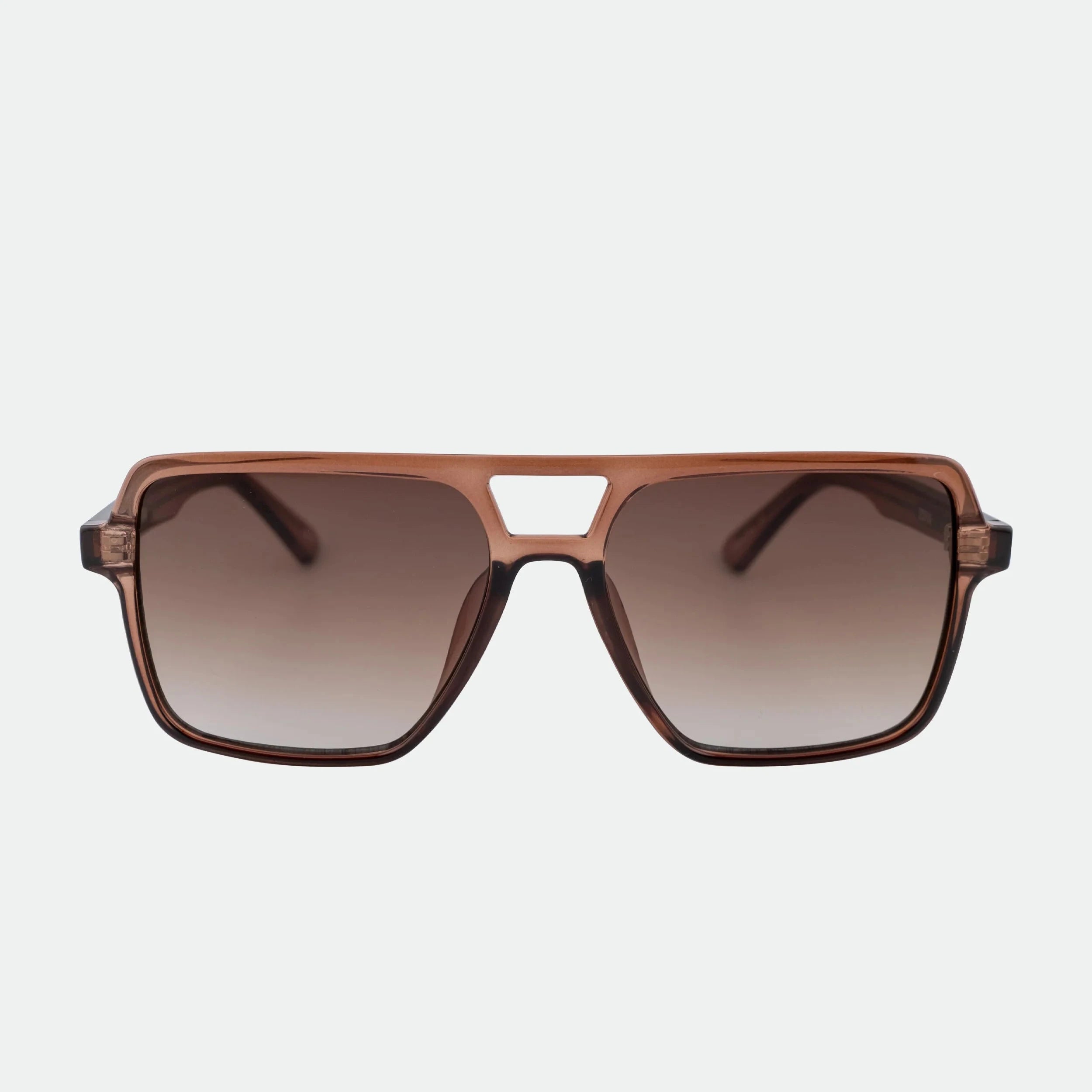 Brown sunglasses with a gradient lens on a white background
